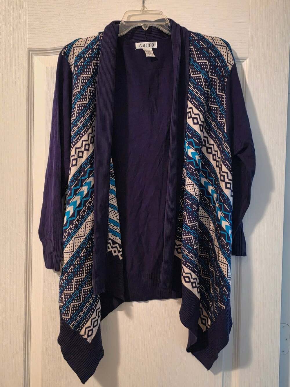 Abito Open Front Cardigan Size 1X Navy Blue Geometric Print